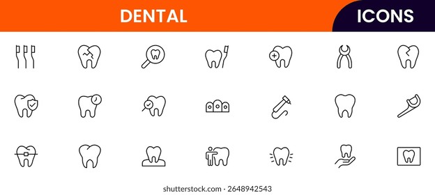 Dental vector web line icon collection, sleek illustrations of teeth, tools, and oral care for professional dental and health designs.