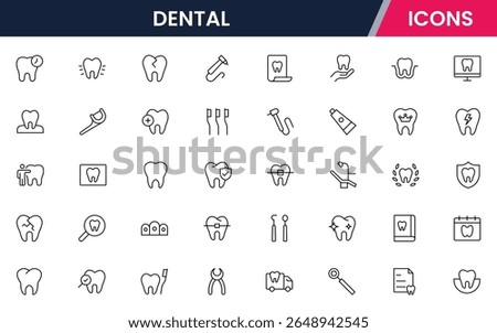 Dental vector web line icon collection, sleek illustrations of teeth, tools, and oral care for professional dental and health designs.