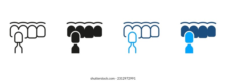 Dental Veneer, Human Tooth Care Pictogram. Ceramic Teeth Veneers, Installation Procedure Silhouette and Line Icons Set. Dental Treatment Symbol Collection. Isolated Vector Illustration.