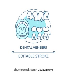 Dental veneers turquoise concept icon. Aesthetic dentistry abstract idea thin line illustration. Dental issues correction. Isolated outline drawing. Editable stroke. Arial, Myriad Pro-Bold fonts used