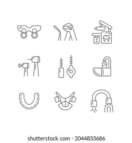 Dental visit linear icons set. Orthodontic appliances. Tooth extraction. Cosmetic dentistry. Customizable thin line contour symbols. Isolated vector outline illustrations. Editable stroke