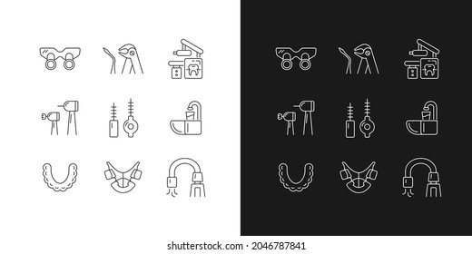 Dental visit linear icons set for dark and light mode. Orthodontic appliances. Tooth extraction. X-ray equipment. Customizable thin line symbols. Isolated vector outline illustrations. Editable stroke