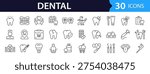 Dental Web Icon Set in Linear Style. Collection of dentistry, line icons, including tooth, implant, dentist, stomatology, smile, caries, braces, toothbrush, toothpaste and more. Editable stroke