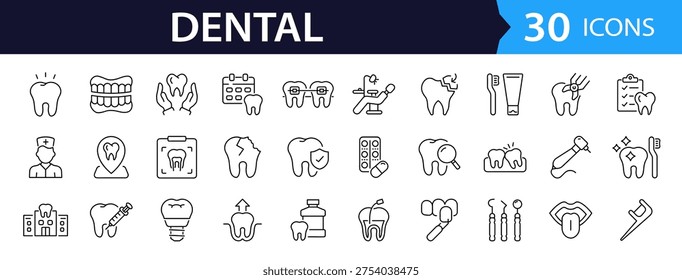 Dental Web Icon Set in Linear Style. Collection of dentistry, line icons, including tooth, implant, dentist, stomatology, smile, caries, braces, toothbrush, toothpaste and more. Editable stroke