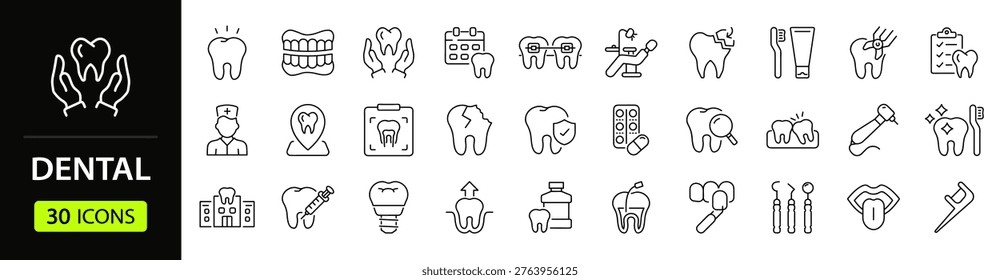Dental Web Icon Set in Linear Style. Collection of dentistry, line icons, including tooth, implant, dentist, stomatology, smile, caries, braces, toothbrush, toothpaste and more. Editable stroke