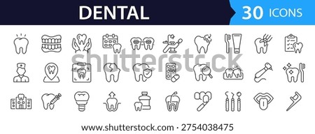 Dental Web Icon Set in Linear Style. Collection of dentistry, line icons, including tooth, implant, dentist, stomatology, smile, caries, braces, toothbrush, toothpaste and more. Editable stroke