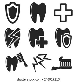 Dental web and mobile logo icons in flat design collection. Vector symbols of medical cross, pain, tooth brush, shield
