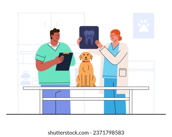 Dental X-ray checkup pet concept illustration. Female Veterinarian and Black male Nurse examining tooth roentgen in vet clinic. Flat vector illustration 