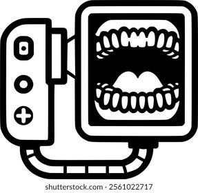 Dental x-ray equipment. Capturing patient mouth. Radiographic sign, symbol, vector, art