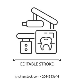 Dental x-ray equipment linear icon. Capturing patient mouth in one image. Radiographic procedure. Thin line customizable illustration. Contour symbol. Vector isolated outline drawing. Editable stroke