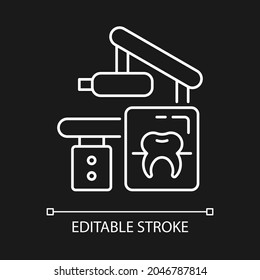 Dental X-ray Equipment White Linear Icon For Dark Theme. Capturing Patient Mouth In One Image. Thin Line Customizable Illustration. Isolated Vector Contour Symbol For Night Mode. Editable Stroke