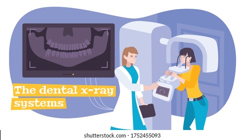 Dental x-ray flat composition with text and view of dental radiograph with people and text vector illustration