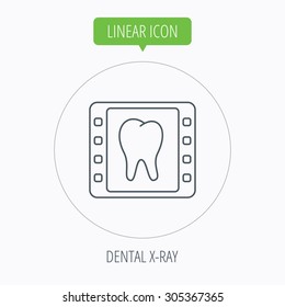 Dental x-ray icon. Orthodontic roentgen sign. Linear outline circle button. Vector