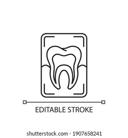 Dental x-ray linear icon. Dental care. Dentistry radiography. Instruments for dental treatment. Thin line customizable illustration. Contour symbol. Vector isolated outline drawing. Editable stroke