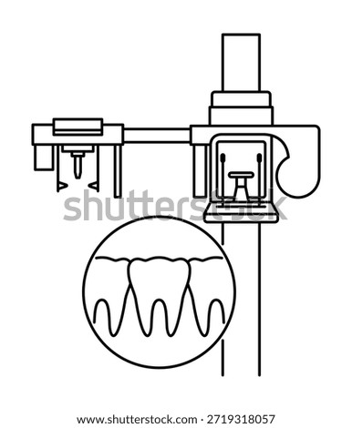 Dental x-ray machine icon in thin line for panoram screening - extraoral, 3D imaging. Used to diagnose hidden dental structures, malignant or benign masses, bone loss, cavities