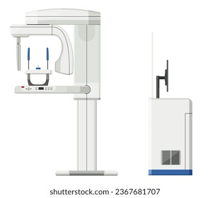 Dental x-ray machine provide digital panoramic, cephalometric, 3D imaging. of tooth structure, nerves and bones, placement of dental implants Dental care. flat design