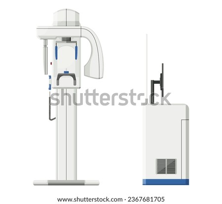 Dental x-ray machine provide digital panoramic, cephalometric, 3D imaging. of tooth structure, nerves and bones, placement of dental implants Dental care. flat design