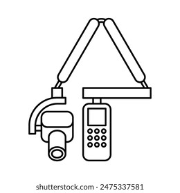 Dental x-ray machine or radiograph - for digital panoramic, extraoral, 3D imaging. Used to diagnose hidden dental structures, malignant or benign masses, bone loss, cavities. Icon in thin line