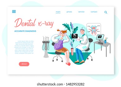 Dental x-ray webpage template. Woman in orthodontist office flat illustration. Dentist showing patient teeth x-ray. Doctor cartoon vector character explaining diagnosis. Girl in dental clinic