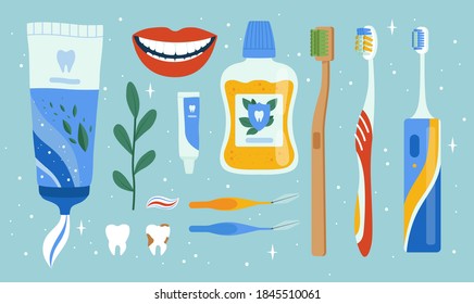 Dentist accessories. Oral dental hygiene items mouth brush apples cleaning tools teeth vector set