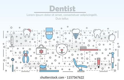 Dentist advertising poster banner template. Tooth, implant, toothpaste, toothbrush, dental equipment. Vector thin line art flat style design elements, icons for website banner, printed materials.