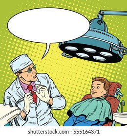 dentist afraid happy boy. Pop art retro vector illustration. Medical humor