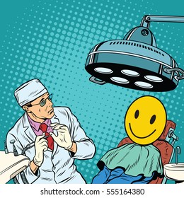 Dentist afraid happy faces. Pop art retro vector illustration. Medical humor. Smiley sign