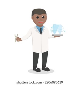 dentist african with shiny tooth design character on white background