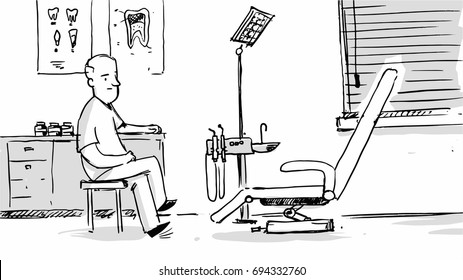 Dentist alone in his clinic waiting for his client Vector for cartoon, storyboard or project