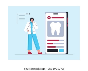 Dentista analisando consulta de pacientes on-line via smartphone, ilustração vetorial.