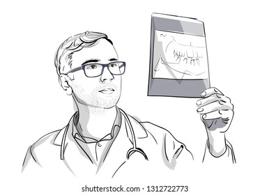 Dentist analyzing an X-ray Vector sketch storyboard. Detailed character illustration