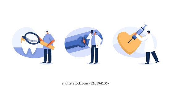 Dentist appointment, checkup and teeth care procedures. Dental examination.  orthopedic doctor. 
Doctors specializing in heart disease. vector illustration