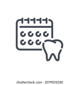 Dentist appointment date line icon. Calendar and tooth vector outline sign.