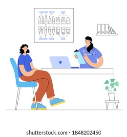 Dentist appointment at medical office. Cartoon patient in stomatology or dental clinic. Teeth anatomy concept. Oral hygiene, medicine, pills, diagnosis and treatment isolated flat vector illustration.
