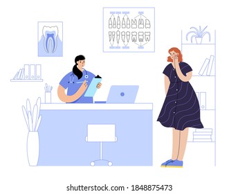 Dentist appointment at medical office. Cartoon patient in stomatology or dental clinic. Teeth anatomy concept. Oral hygiene, medicine, pills, diagnosis and treatment isolated flat vector illustration.