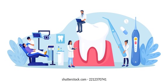 Dentist appointment, stomatology. Dental checkup, teeth care procedures. Teeth whitening and professional cleaning. Cosmetic dentistry. Dentist doctor in uniform treating tooth using medical equipment