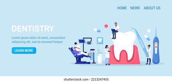 Nombramiento dentista, estomatología. Control dental, procedimientos de cuidado de dientes. Blanqueamiento de dientes y limpieza profesional. Odontología cosmética. Médico dentista en uniforme que trata dientes con equipo médico