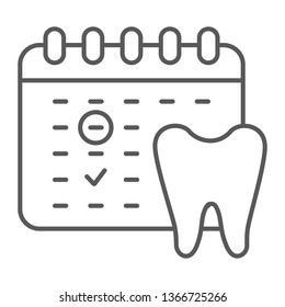 Dentist appointment thin line icon, schedule and dental, calendar sign, vector graphics, a linear pattern on a white background, eps 10.