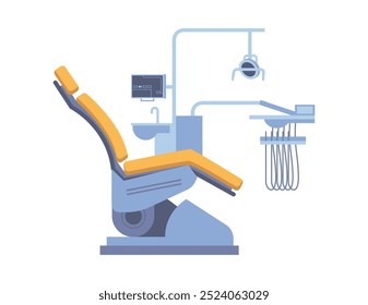 Poltrona de dentista para paciente, cadeira isolada com lâmpada, ferramentas especiais e tela de computador. Móveis e equipamentos vetoriais para médicos especialistas, objetos de escritório da clínica. Design de interiores de dentário