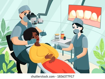 
A dentist with an assistant treating the patient's teeth. A nurse holds dental instruments. The doctor looks through a special microscope. Teeth on the screen. The patient is lying on a couch.