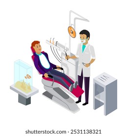 Um dentista atende um paciente reclinado em uma cadeira odontológica. Um aquário e um armário médico estão no quarto. Ideal para assistência médica, saúde dentária, serviços médicos, assistência ao paciente, clínica