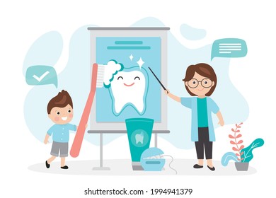 Dentist With Boy Explains About Hygiene Rules. Child With Toothbrush Shows How To Brush Teeth Correctly. Health And Oral Hygiene Lesson For School Children. Dental Presentation. Vector Illustration