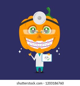 The Dentist Braces Cute Doctor Pumpkin with Halloween Concept, Vector Illustration.