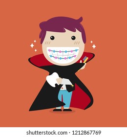 The Dentist Braces Cute Dracula Kid with Halloween Concept, Vector Illustration.