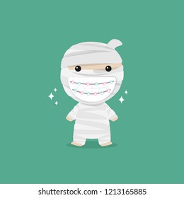 The Dentist Braces Cute Mummy Kid with Halloween Concept, Vector Illustration.