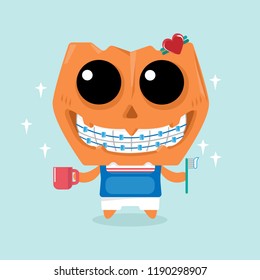 The dentist braces cute pumpkin brush teeth with halloween concept, vector illustration.