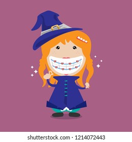 The Dentist Braces Cute Witch Girl Kid, Vector Illustration with Halloween Concept.