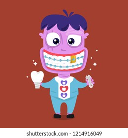 The Dentist Braces Cute Zombie Kid Holding Implant tooth, Vector Illustration.