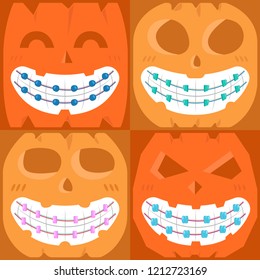 The Dentist Braces Pumpkin Face Design Set with Halloween concept, vector illustration.