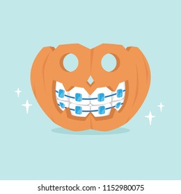 The Dentist Braces Pumpkin With Halloween Concept, Vector Illustration.